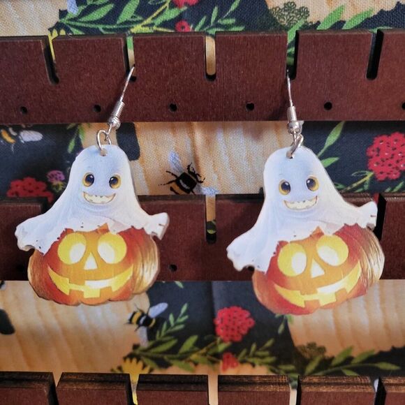 Retro Halloween Ghost on Pumpkin Cartoon Style Acrylic Dangle Earrings - Picture 6 of 6